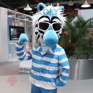 Sky Blue Zebra mascot costume character dressed with a Poplin Shirt and Sunglasses