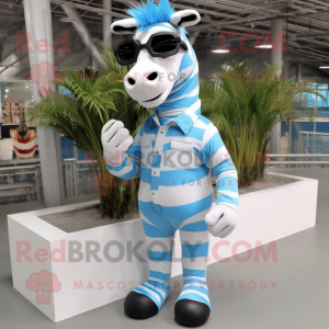 Sky Blue Zebra mascot costume character dressed with a Poplin Shirt and Sunglasses