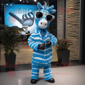 Sky Blue Zebra mascot costume character dressed with a Poplin Shirt and Sunglasses