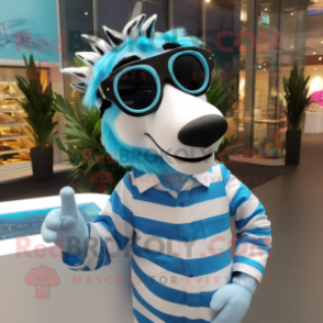 Sky Blue Zebra mascot costume character dressed with a Poplin Shirt and Sunglasses