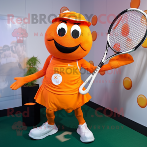 Orange Tennis Racket mascot costume character dressed with a Culottes and Shoe clips