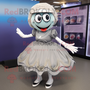 Gray Oyster mascot costume character dressed with a Circle Skirt and Caps