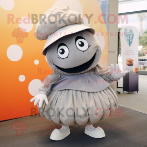 Gray Oyster mascot costume character dressed with a Circle Skirt and Caps