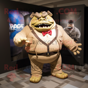 Tan Ogre mascot costume character dressed with a Bomber Jacket and Bow ties