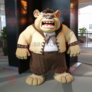 Tan Ogre mascot costume character dressed with a Bomber Jacket and Bow ties