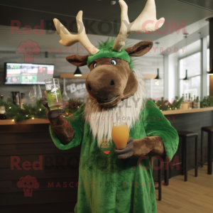 Forest Green Irish Elk mascot costume character dressed with a Cocktail Dress and Beanies