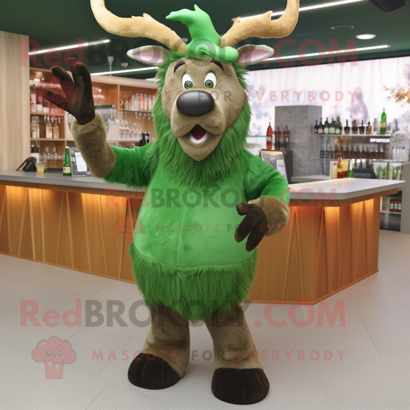 Forest Green Irish Elk mascot costume character dressed with a Cocktail Dress and Beanies