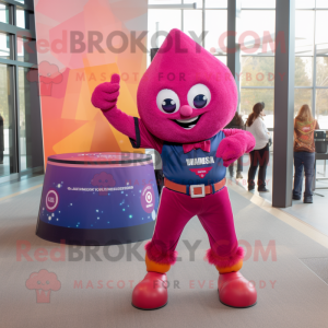 Magenta Human Cannon Ball mascot costume character dressed with a Flare Jeans and Pocket squares