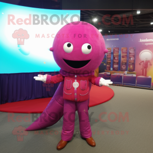 Magenta Human Cannon Ball mascot costume character dressed with a Flare Jeans and Pocket squares