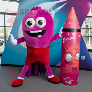 Magenta Human Cannon Ball mascot costume character dressed with a Flare Jeans and Pocket squares