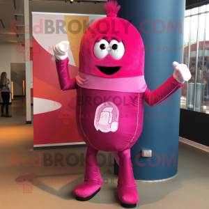 Magenta Human Cannon Ball mascot costume character dressed with a Flare Jeans and Pocket squares