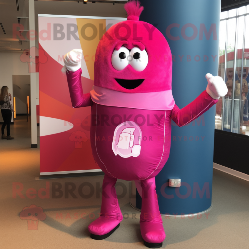 Magenta Human Cannon Ball mascot costume character dressed with a Flare Jeans and Pocket squares Magenta Human Cannon Ball mascot costume character dressed with a Flare Jeans and Pocket squares