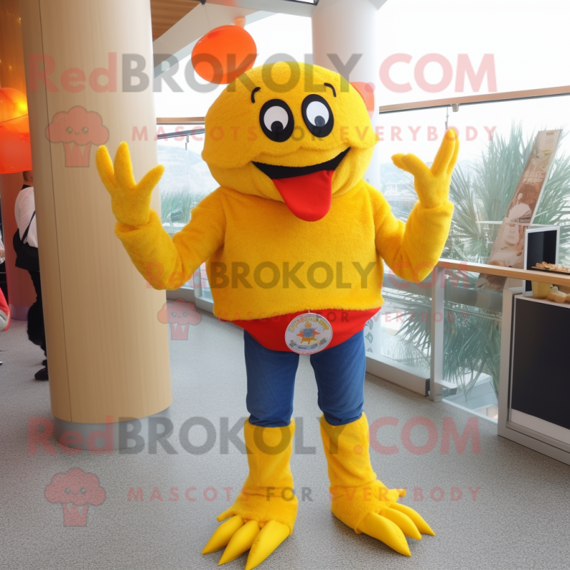 Yellow Crab Cakes mascot costume character dressed with a Flare Jeans and Bracelets