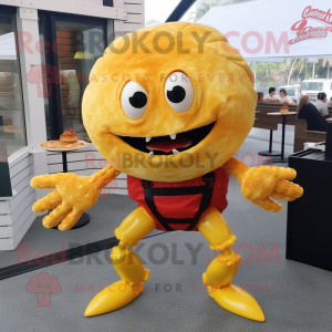 Yellow Crab Cakes mascot costume character dressed with a Flare Jeans and Bracelets