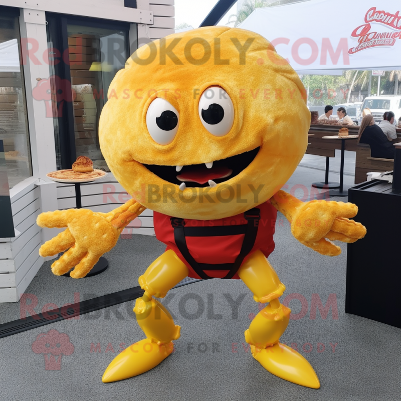 Yellow Crab Cakes mascot costume character dressed with a Flare Jeans and Bracelets Yellow Crab Cakes mascot costume character dressed with a Flare Jeans and Bracelets