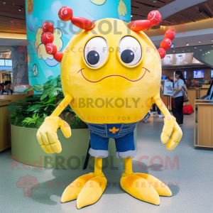 Yellow Crab Cakes mascot costume character dressed with a Flare Jeans and Bracelets