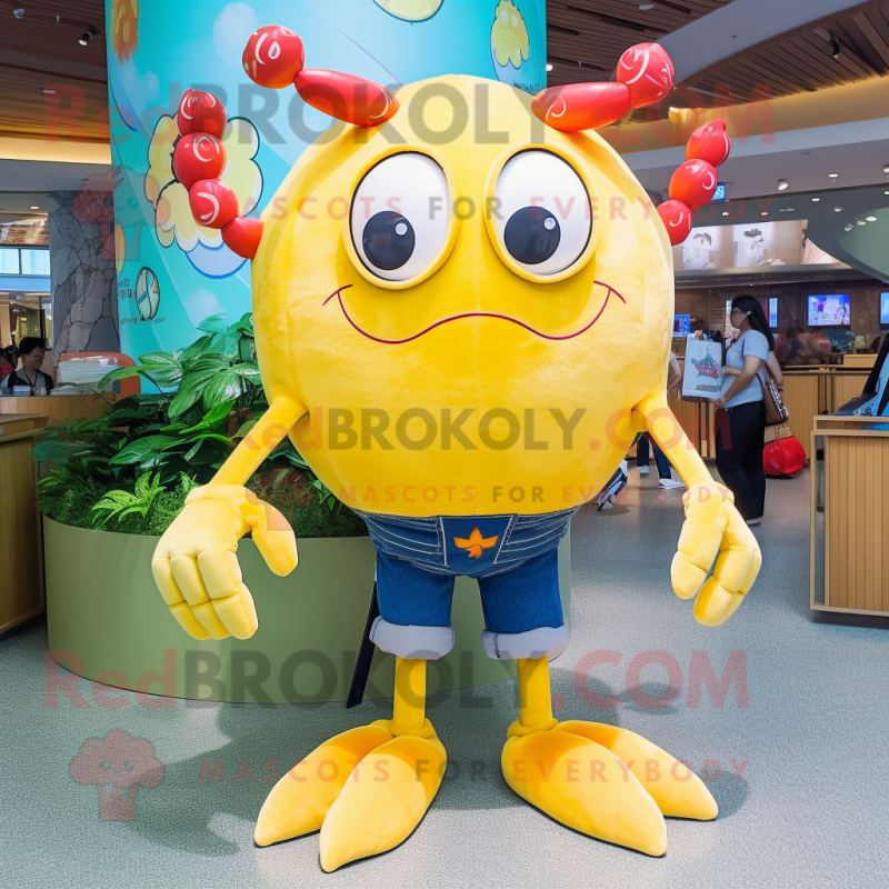 Yellow Crab Cakes mascot costume character dressed with a Flare Jeans and Bracelets Yellow Crab Cakes mascot costume character dressed with a Flare Jeans and Bracelets