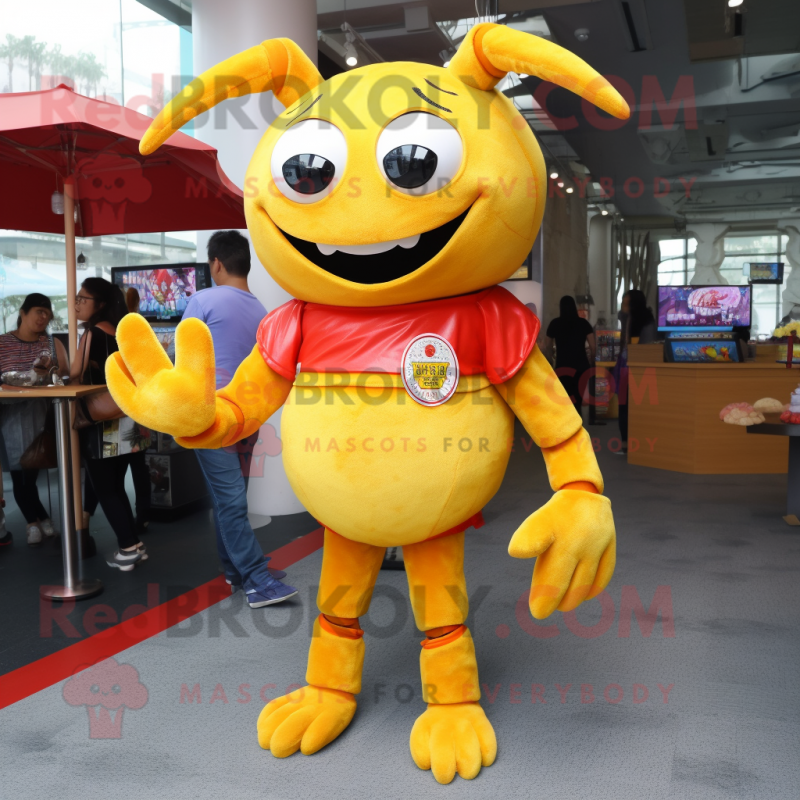 Yellow Crab Cakes mascot costume character dressed with a Flare Jeans and Bracelets