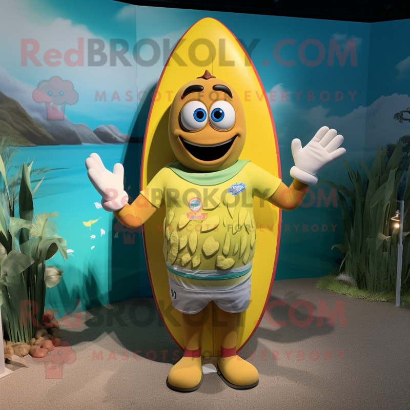 Yellow Surfboard mascot costume character dressed with a Rugby Shirt and Hairpins