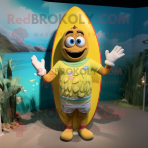 Yellow Surfboard mascot costume character dressed with a Rugby Shirt and Hairpins