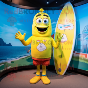 Yellow Surfboard mascot costume character dressed with a Rugby Shirt and Hairpins