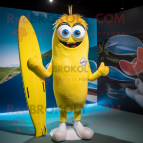 Yellow Surfboard mascot costume character dressed with a Rugby Shirt and Hairpins