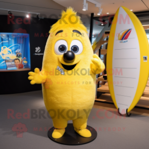 Yellow Surfboard mascot costume character dressed with a Rugby Shirt and Hairpins