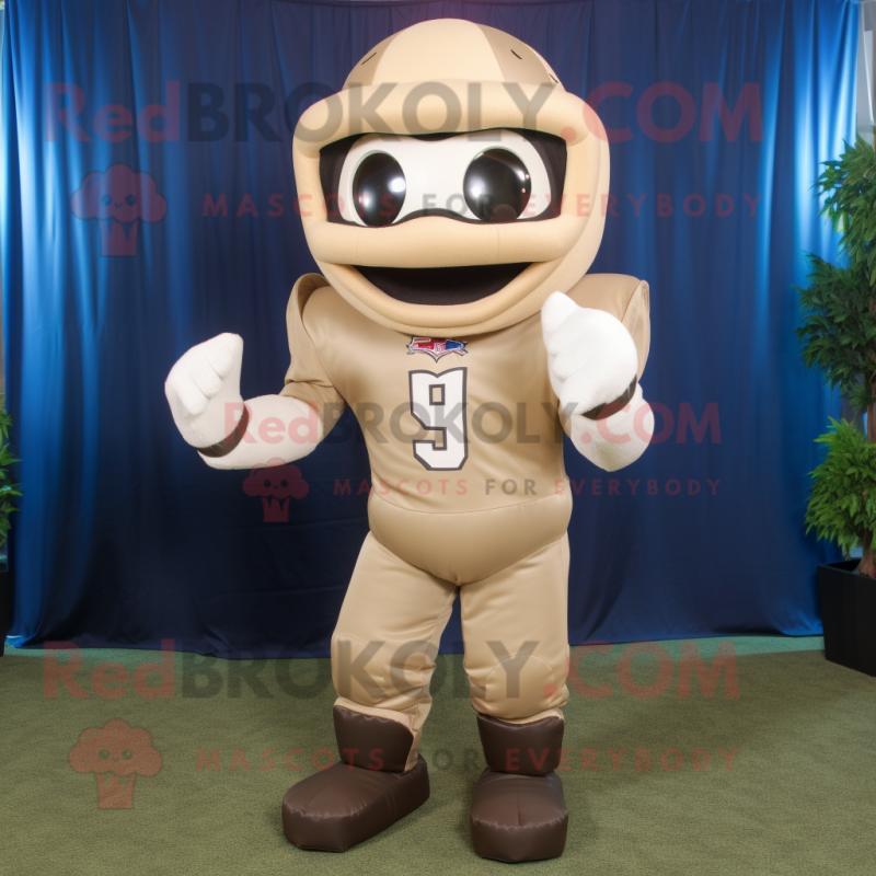 Beige American Football Helmet mascot costume character dressed with a Dress Shirt and Foot pads