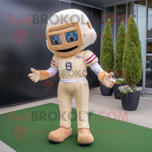Beige American Football Helmet mascot costume character dressed with a Dress Shirt and Foot pads