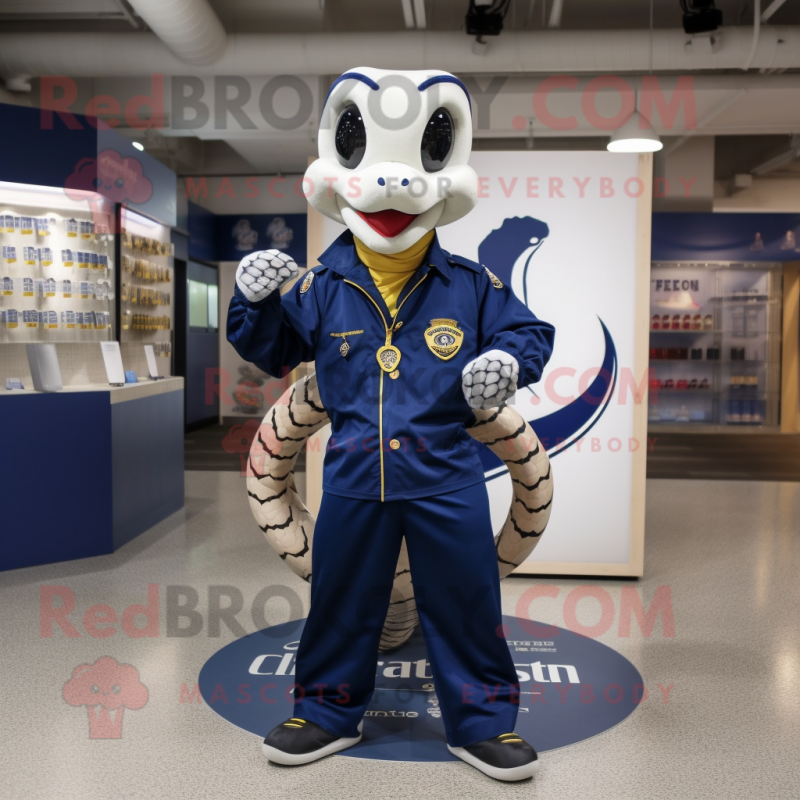 Navy Snake mascot costume character dressed with a Windbreaker and Necklaces Navy Snake mascot costume character dressed with a Windbreaker and Necklaces
