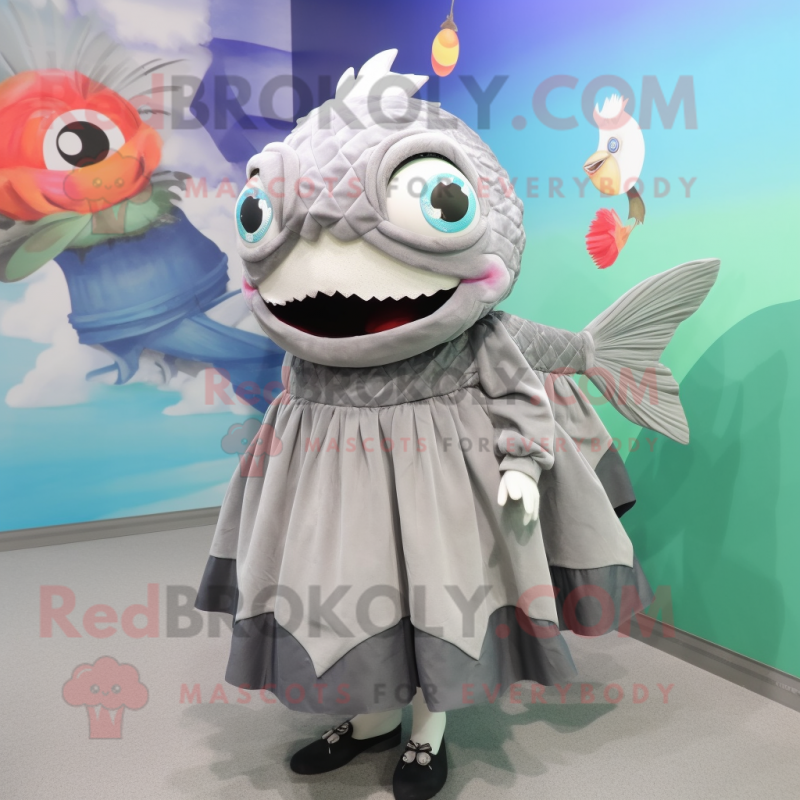 Gray Piranha mascot costume character dressed with a A-Line Skirt and Hair clips Gray Piranha mascot costume character dressed with a A-Line Skirt and Hair clips