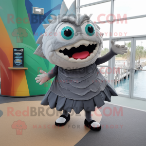 Gray Piranha mascot costume character dressed with a A-Line Skirt and Hair clips