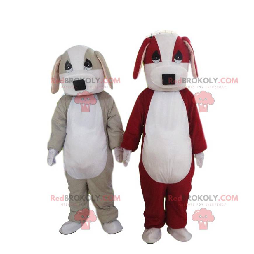 2 mascottes de chiens, un gris et blanc et un rouge et blanc -