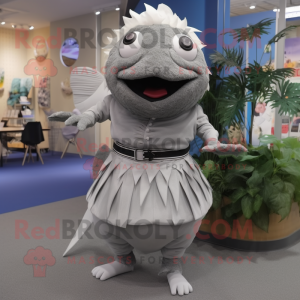 Gray Piranha mascot costume character dressed with a A-Line Skirt and Hair clips