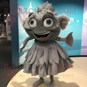 Gray Piranha mascot costume character dressed with a A-Line Skirt and Hair clips