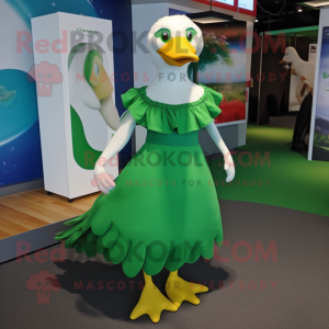 Green Gull mascot costume character dressed with a Maxi Skirt and Anklets