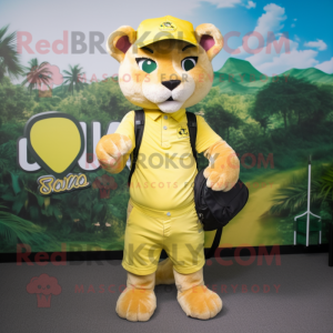 Lemon Yellow Puma mascot costume character dressed with a Cargo Pants and Keychains