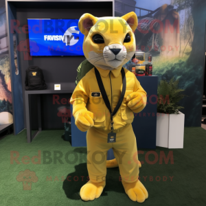 Lemon Yellow Puma mascot costume character dressed with a Cargo Pants and Keychains