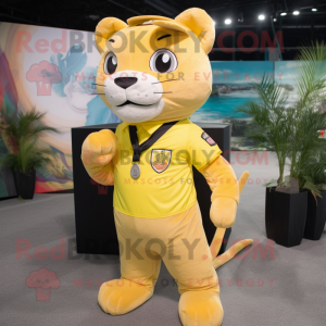 Lemon Yellow Puma mascot costume character dressed with a Cargo Pants and Keychains