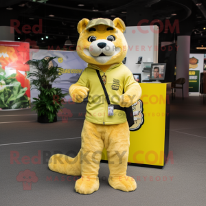 Lemon Yellow Puma mascot costume character dressed with a Cargo Pants and Keychains