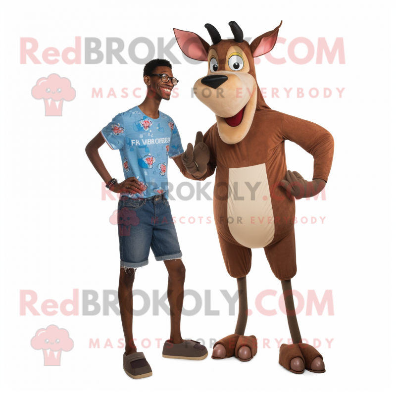 Brown Okapi mascot costume character dressed with a Denim Shorts and Foot pads Brown Okapi mascot costume character dressed with a Denim Shorts and Foot pads