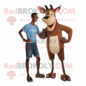 Brown Okapi mascot costume character dressed with a Denim Shorts and Foot pads