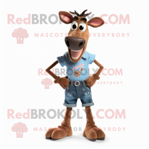 Brown Okapi mascot costume character dressed with a Denim Shorts and Foot pads