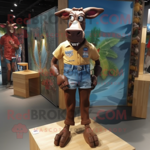 Brown Okapi mascot costume character dressed with a Denim Shorts and Foot pads