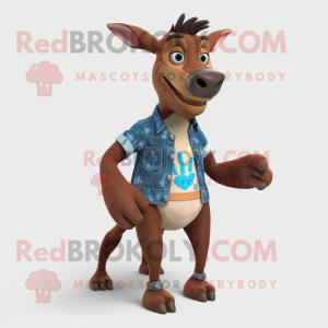 Brown Okapi mascot costume character dressed with a Denim Shorts and Foot pads