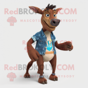 Brown Okapi mascot costume character dressed with a Denim Shorts and Foot pads