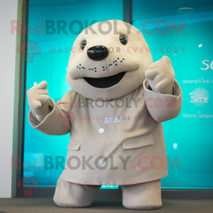 Beige Stellar'S Sea Cow mascot costume character dressed with a Suit and Gloves