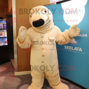 Beige Stellar'S Sea Cow mascot costume character dressed with a Suit and Gloves