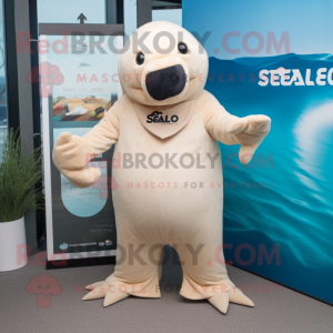 Beige Stellar'S Sea Cow mascot costume character dressed with a Suit and Gloves