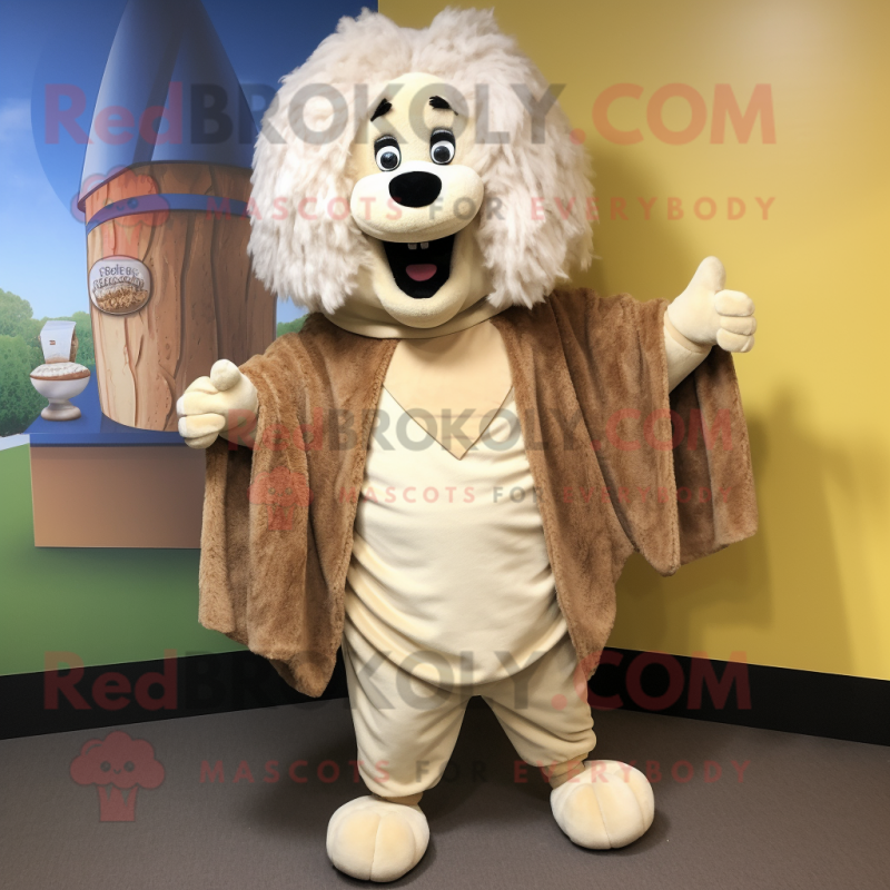 Beige Shepard'S Pie mascot costume character dressed with a Jeggings and Shawls Beige Shepard'S Pie mascot costume character dressed with a Jeggings and Shawls
